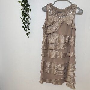 S.L. Fashions Shimmering Tan Layered Mini Dress formal party dress
